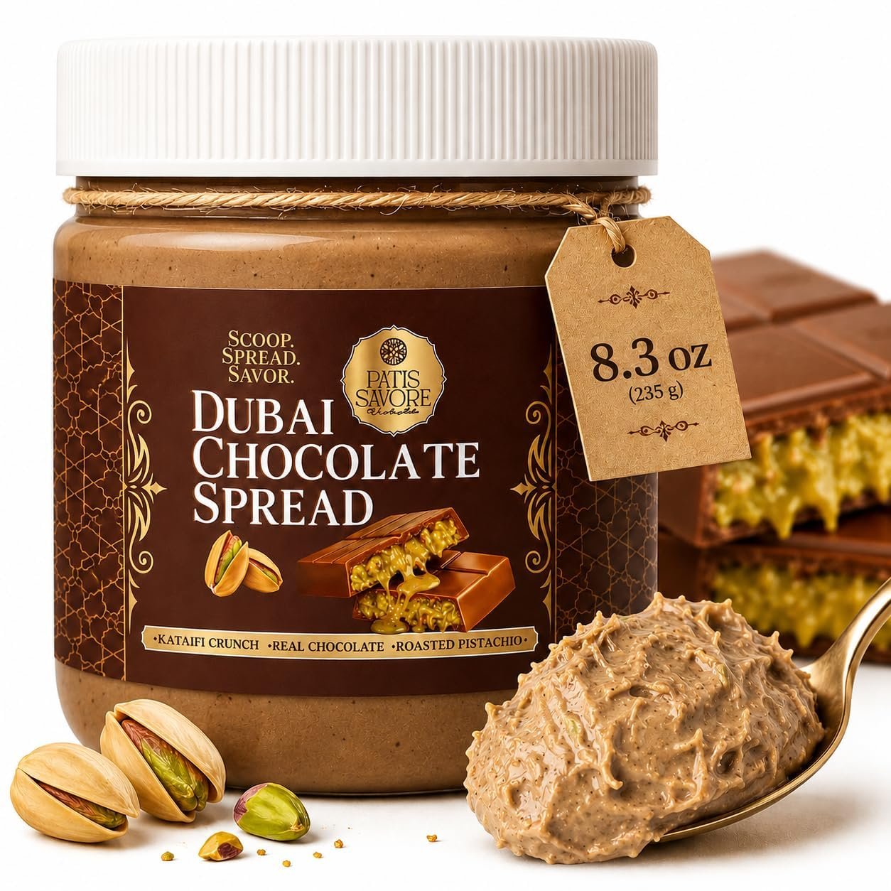 patis savore dubai chocolate spread with kataifi pistachio cream – 8.3oz patis savore dubai chocolate spread with kataifi pistachio cream – 8.3oz