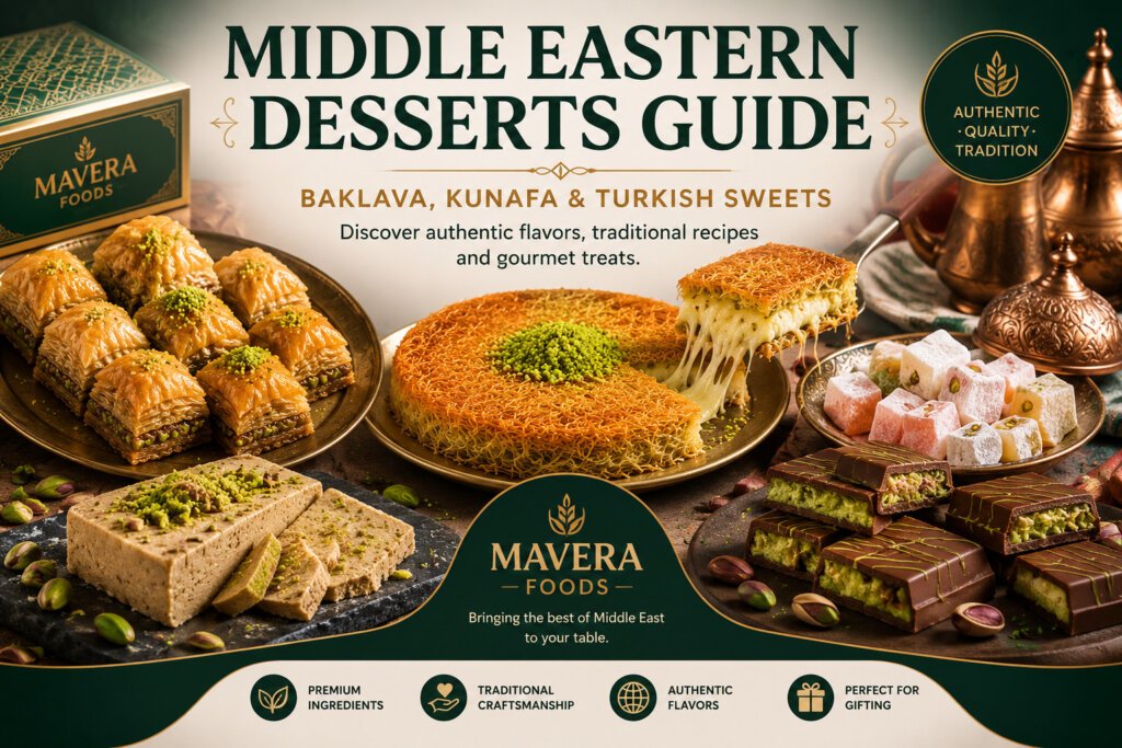 middle eastern desserts guide traditional sweets & turkish treats Explore the ultimate Middle Eastern Desserts Guide featuring baklava, kunafa, Turkish delight, halva, and pistachio chocolate. Discover authentic sweets from Mavera Foods.
