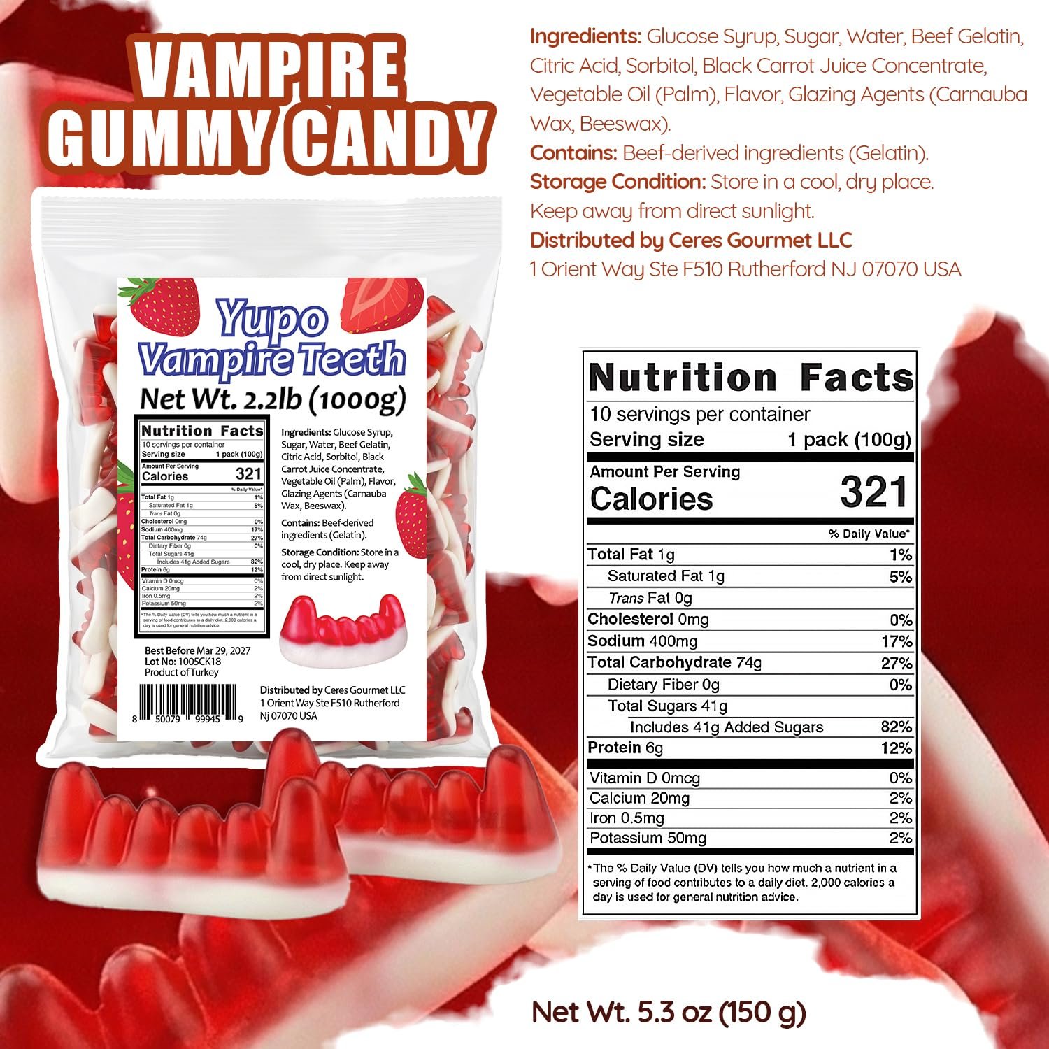 Ülker vampire teeth soft & chewy gummy halloween candy (2.2 lb) spooky & sweet: Ülker vampire teeth soft & chewy gummy halloween candy (2.2 lb) spooky & sweet: